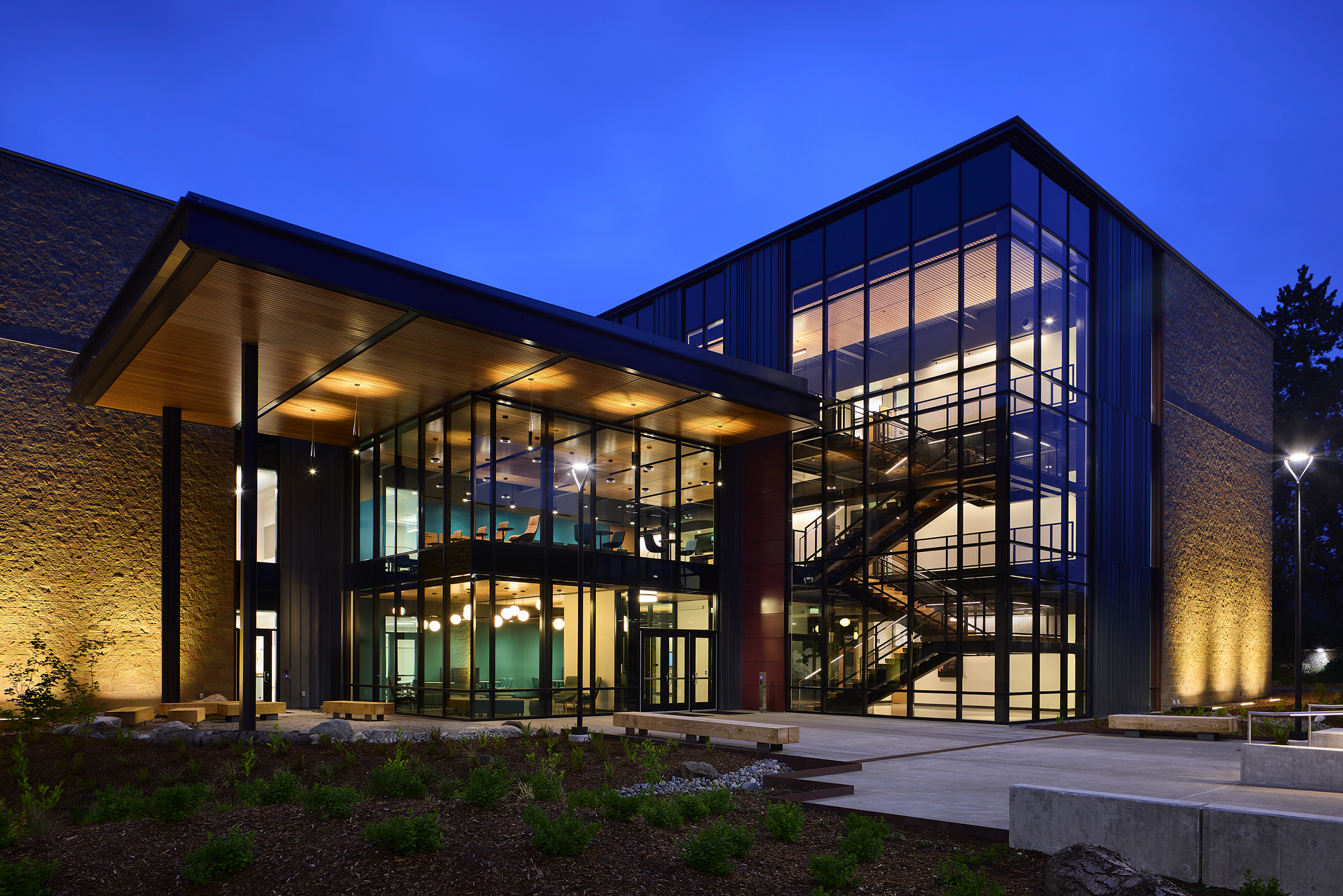 Night time exterior view of the CILE building
