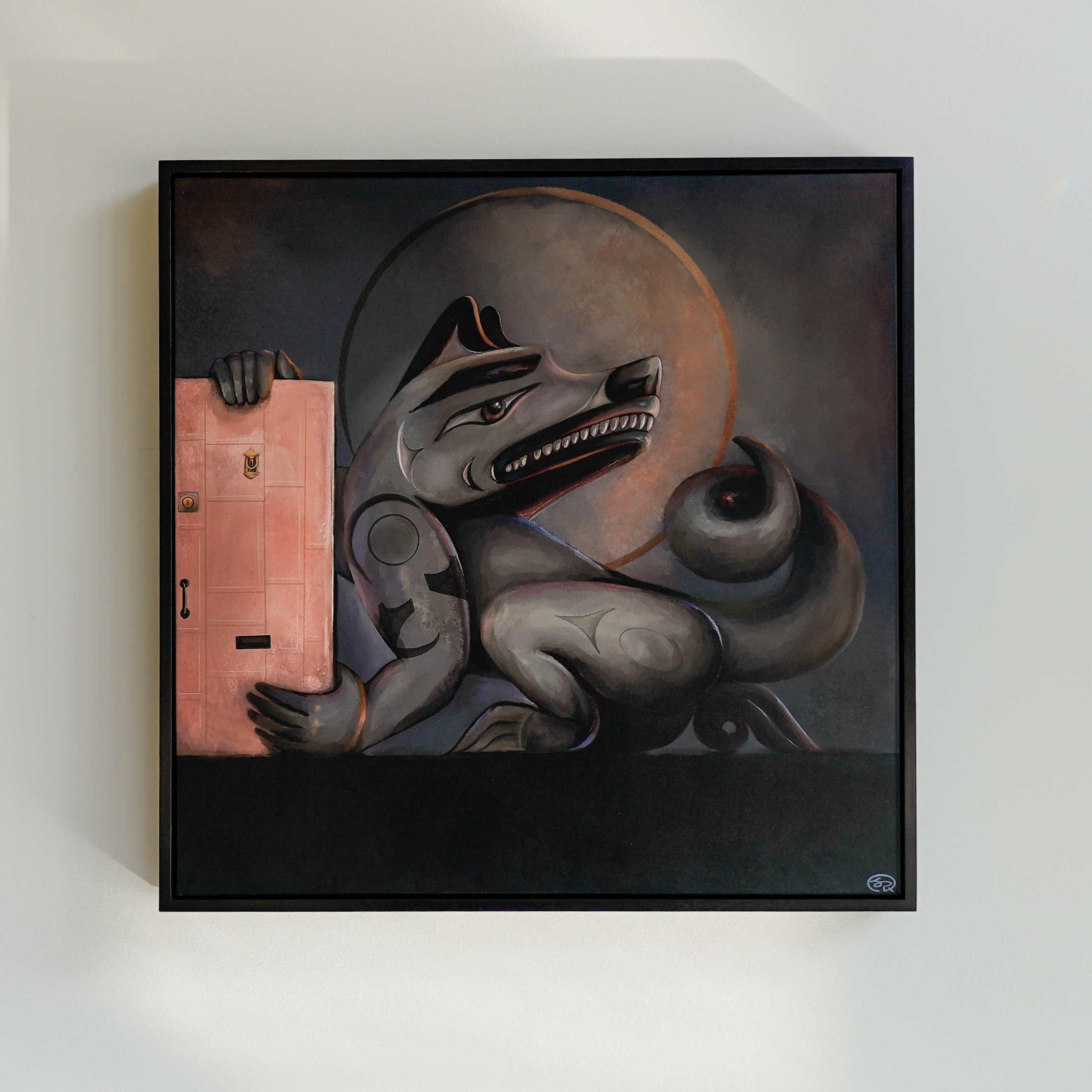 Painting of wolf holding a door, hanging on a wall